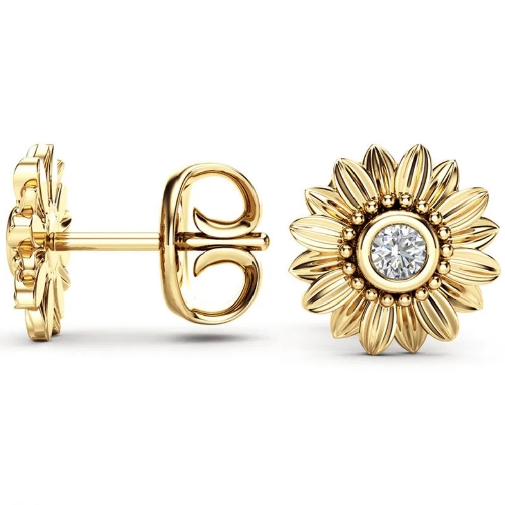 **18k** Yellow & Rose Gold Silver Diamond Sunflower Stud Earrings - Picture 7 of 7